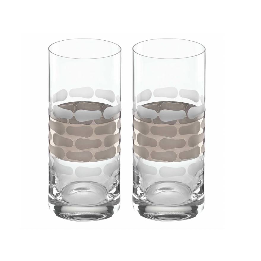 The Michael Wainwright Truro Highball Platinum Set of 2 features clear glass tumblers with a platinum geometric band around the center, from the Truro Collection, displayed side by side on a white background.