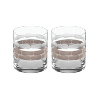 The Michael Wainwright Truro Double Old Fashioned Platinum Set of 2 features modern glass tumblers with frosted and metallic platinum oval patterns, bringing elegant style to your drinkware collection.
