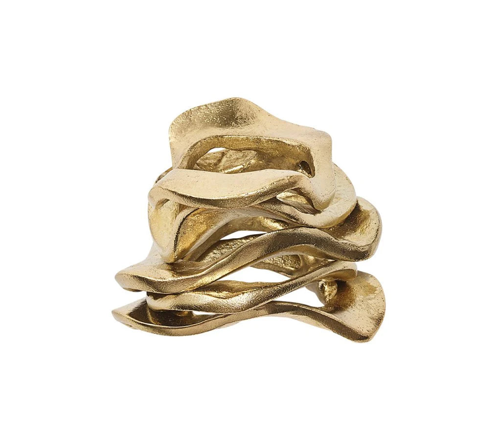 The Kim Seybert Flux Napkin Ring Gold Set of 4 features sculptural, overlapping layers in an abstract design—ideal as elegant table décor or unique gold napkin rings.