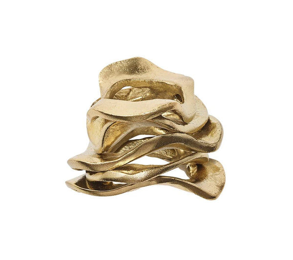 The Kim Seybert Flux Napkin Ring Gold Set of 4 features sculptural, overlapping layers in an abstract design—ideal as elegant table décor or unique gold napkin rings.