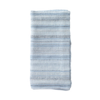 The Midas Napkin Set of 4 by Bodrum features folded light blue fabric with horizontal stripes of varying thickness, accented by silver metallic threads—ideal for adding elegance to any table setting.