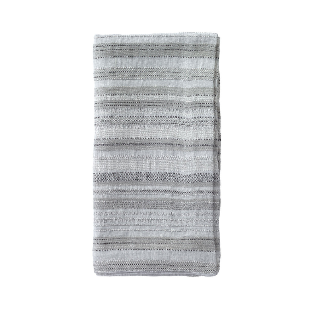 A set of 4 folded, rectangular napkins with light grey and white horizontal stripes from Bodrum's Midas collection, shown on a white background.