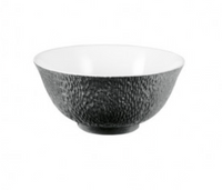 The Raynaud Mineral Irise Dinnerware - Black features a ceramic bowl with a textured black exterior and smooth white interior, photographed on a plain white background, perfectly complementing any modern dinnerware collection.