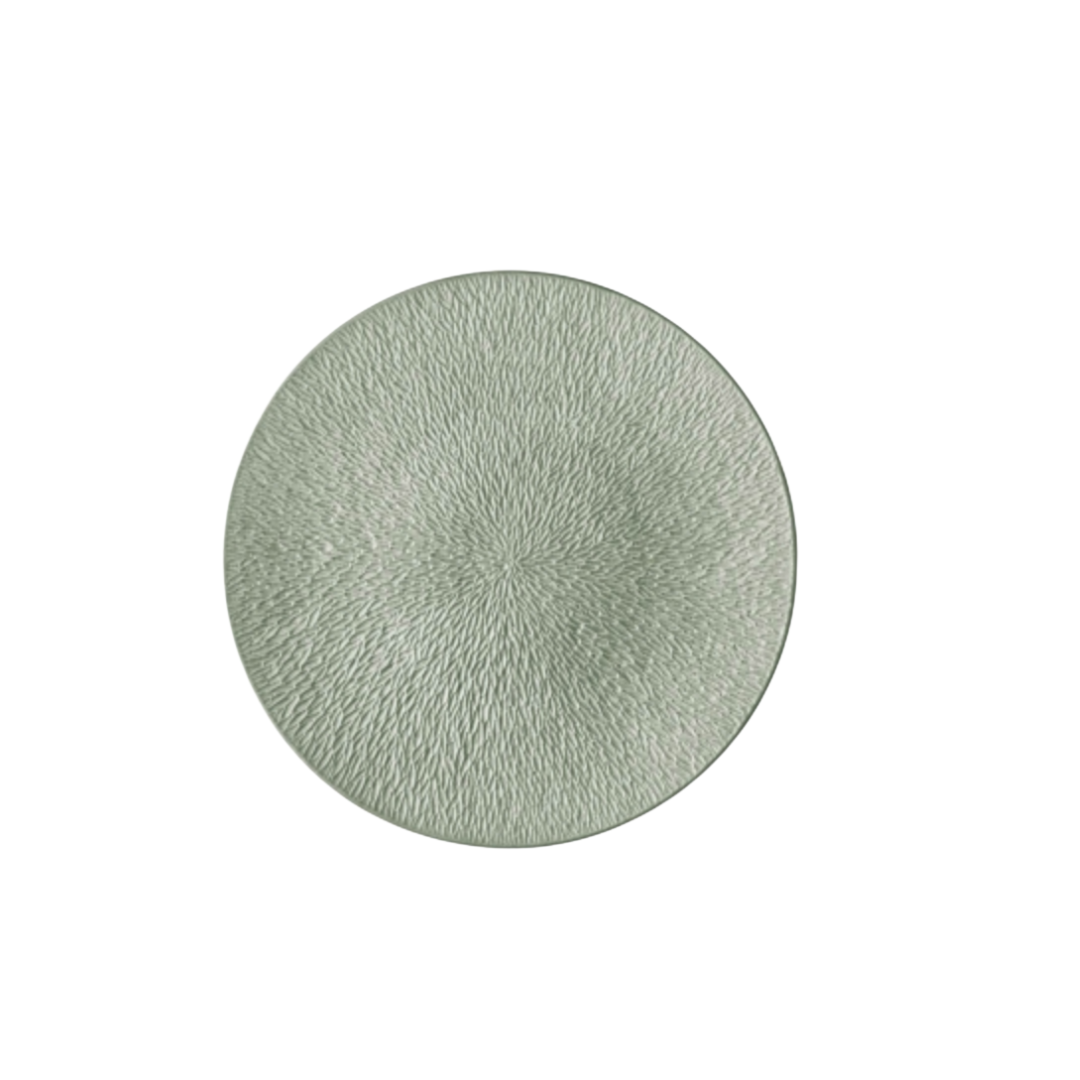 A round, light green Mineral Irise Dinnerware - Celadon plate by Raynaud, featuring a textured radial pattern in fine Limoges porcelain, shown on a white background.
