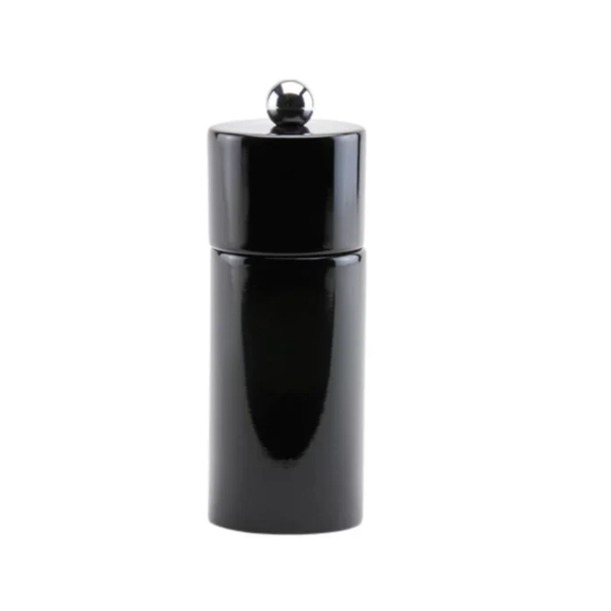 The Addison Ross Mini Pillar Salt & Pepper Shaker features a glossy black finish, round-topped lid, and ceramic grinding mechanism, displayed against a plain white background.