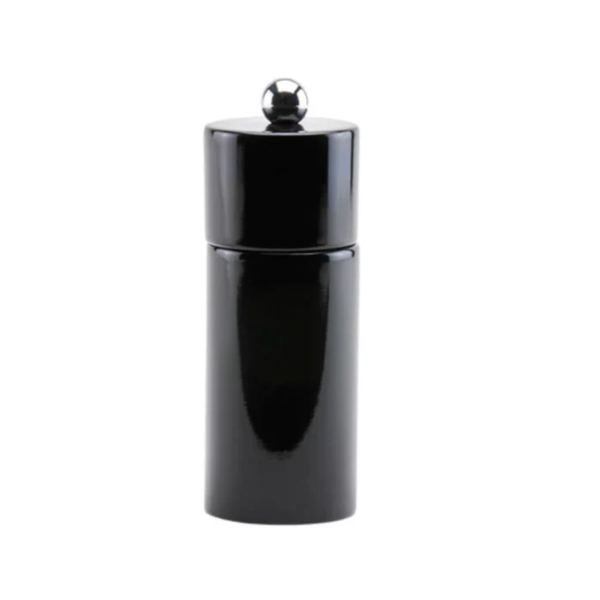 The Addison Ross Mini Pillar Salt & Pepper Shaker features a glossy black finish, round-topped lid, and ceramic grinding mechanism, displayed against a plain white background.