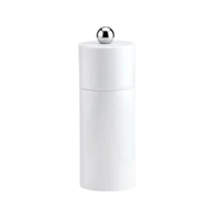 The Addison Ross Mini Pillar Salt & Pepper Shaker features a minimalist cylindrical design with a white lacquered finish, ceramic grinder, and silver knob, displayed against a plain white background.