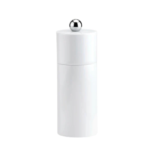 The Addison Ross Mini Pillar Salt & Pepper Shaker features a minimalist cylindrical design with a white lacquered finish, ceramic grinder, and silver knob, displayed against a plain white background.