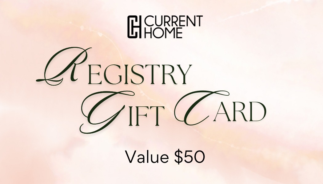 The Registry Gift Card $50 from Current Home Registry features elegant text on a soft pink background—an ideal gift for any special occasion.