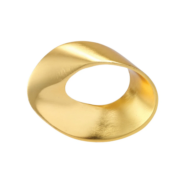 The Bodrum Morgan Napkin Ring Set of 4 features gold metal rings with a matte finish and a twisted, continuous Mobius strip-inspired design.