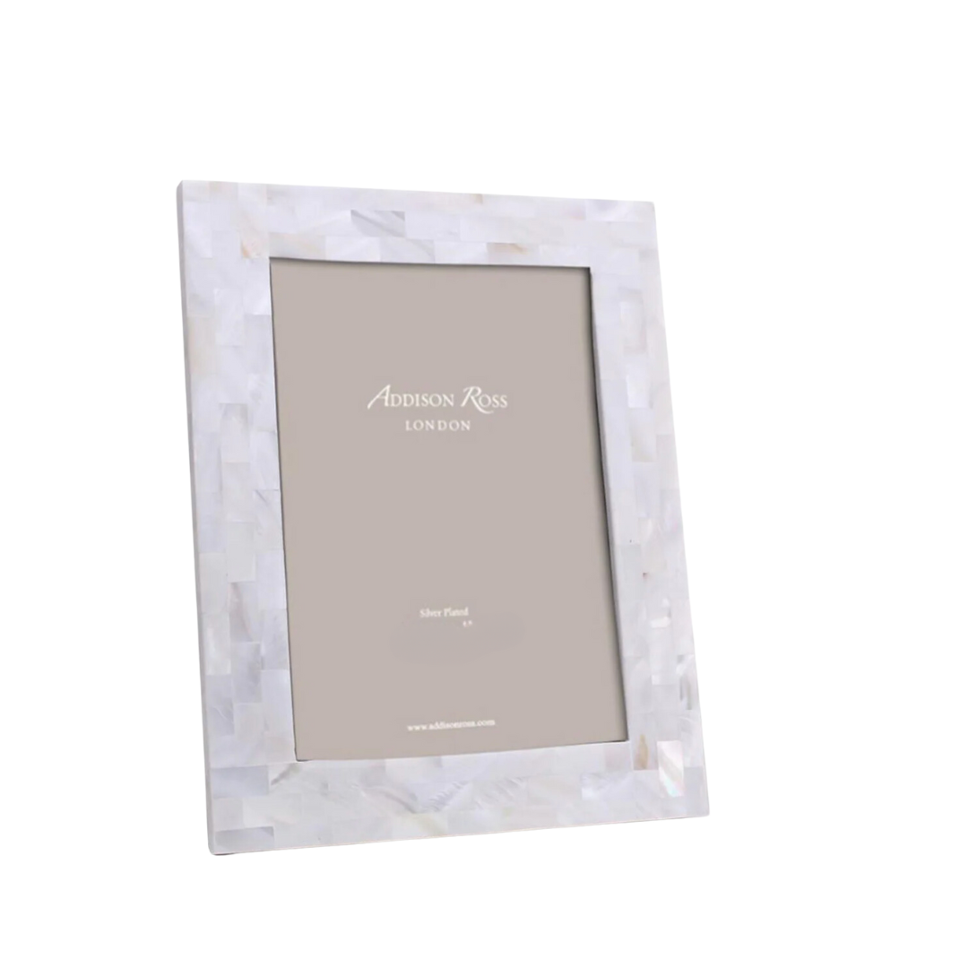 A white, rectangular Addison Ross Mother Of Pearl White Frame with a pearlescent mosaic pattern is shown at an angle on a plain white background. The empty elegant frame displays the Addison Ross brand label inside.