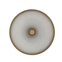 The Oskar Dinnerware by Raynaud features a circular design viewed from above, with an intricate spiraling black pattern radiating from a central beige circle and accented by a thin gold rim.