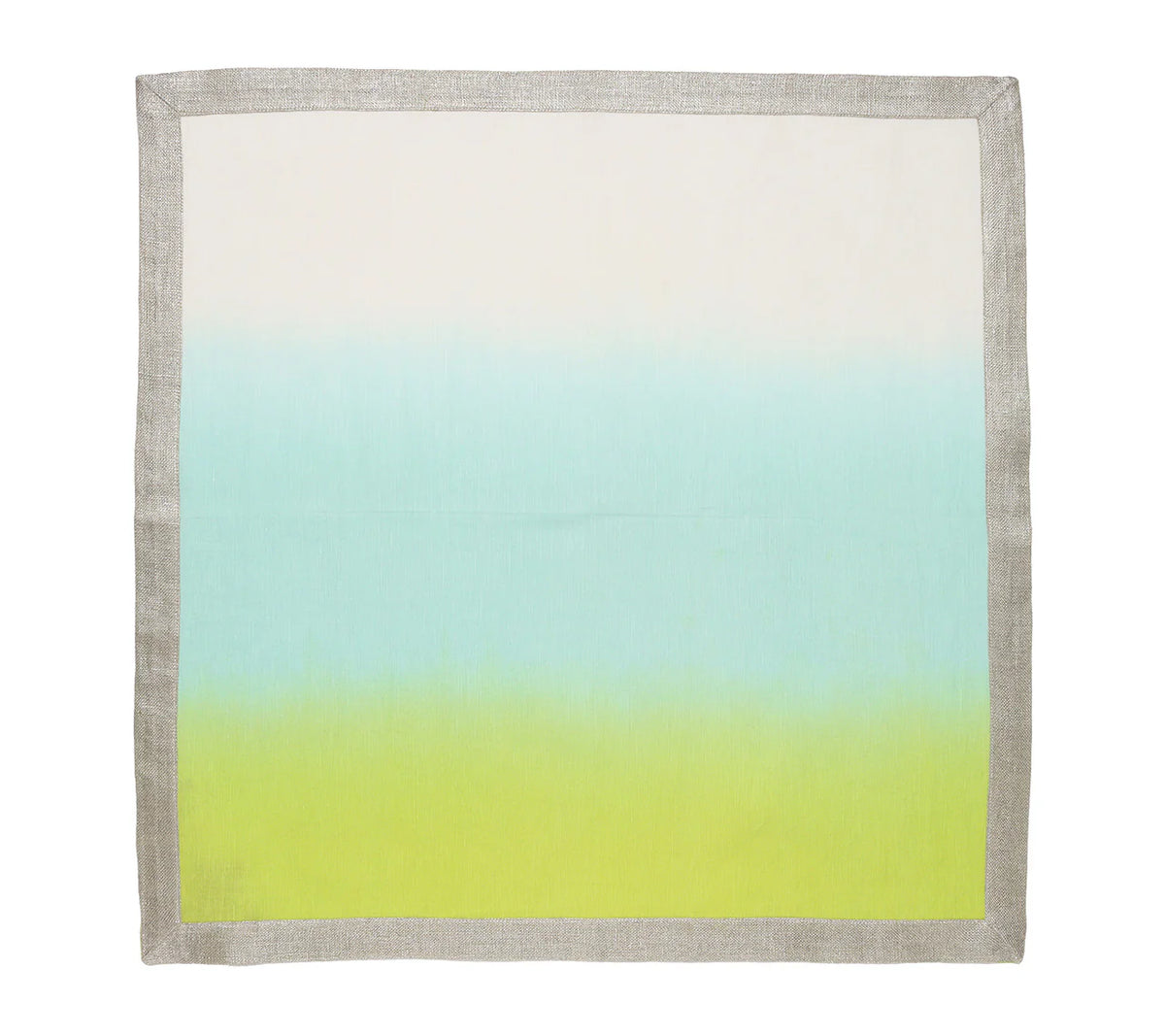 The Kim Seybert Dip Dye Napkins - Cool Tones (Set of 4) feature a square shape, metallic foil border, and a gradient center fading from off-white to light blue to bright yellow-green.