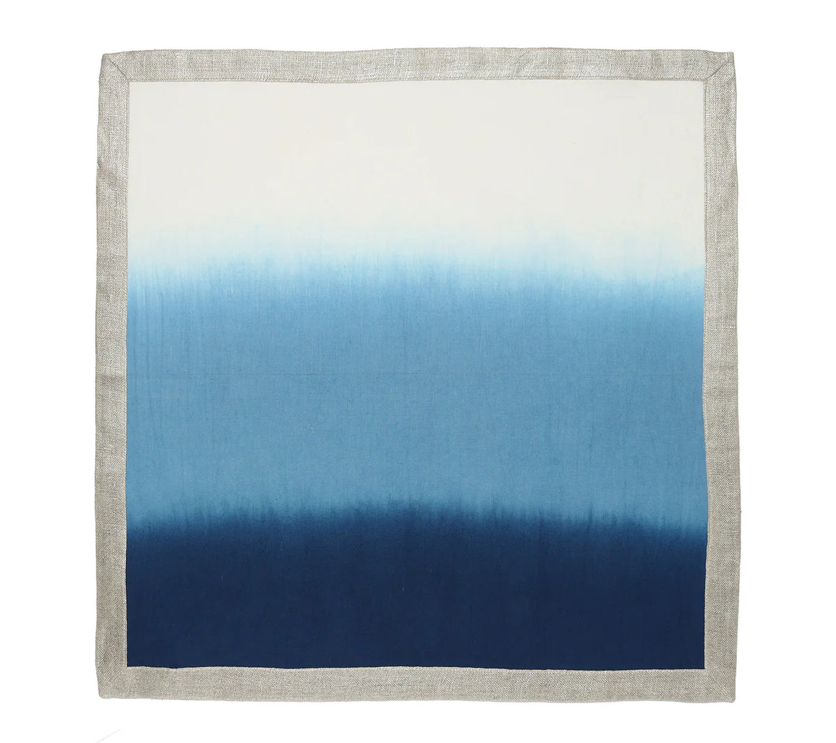 The Kim Seybert Dip Dye Napkins - Cool Tones (Set of 4) feature a square linen design with a beige border and blue ombre fade, bringing a modern look to your table.