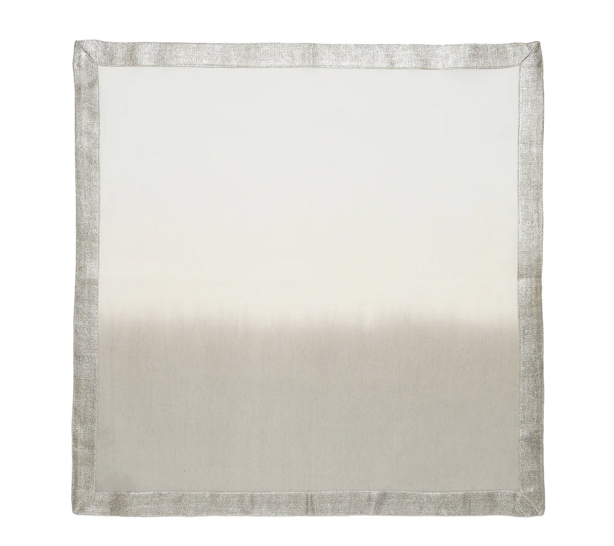 The Kim Seybert Dip Dye Napkins - Earthtones (Set of 4) feature a square linen design with a subtle gradient from light cream to light gray, accented by an elegant metallic foil border for added shimmer.