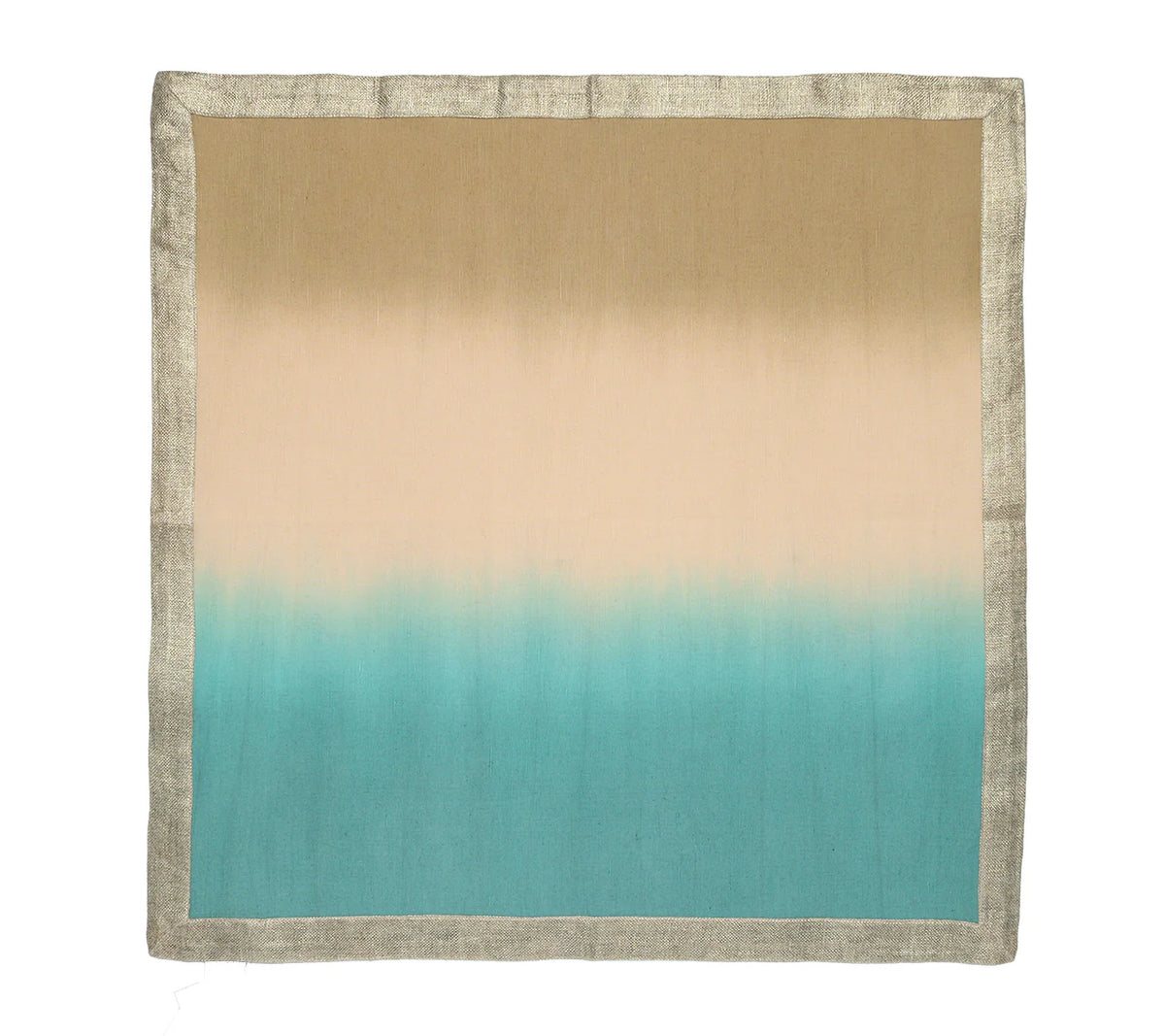 The Kim Seybert Dip Dye Napkins - Cool Tones - Set of 4 features a beige to cream and turquoise gradient, accented with a metallic foil border for elegance.