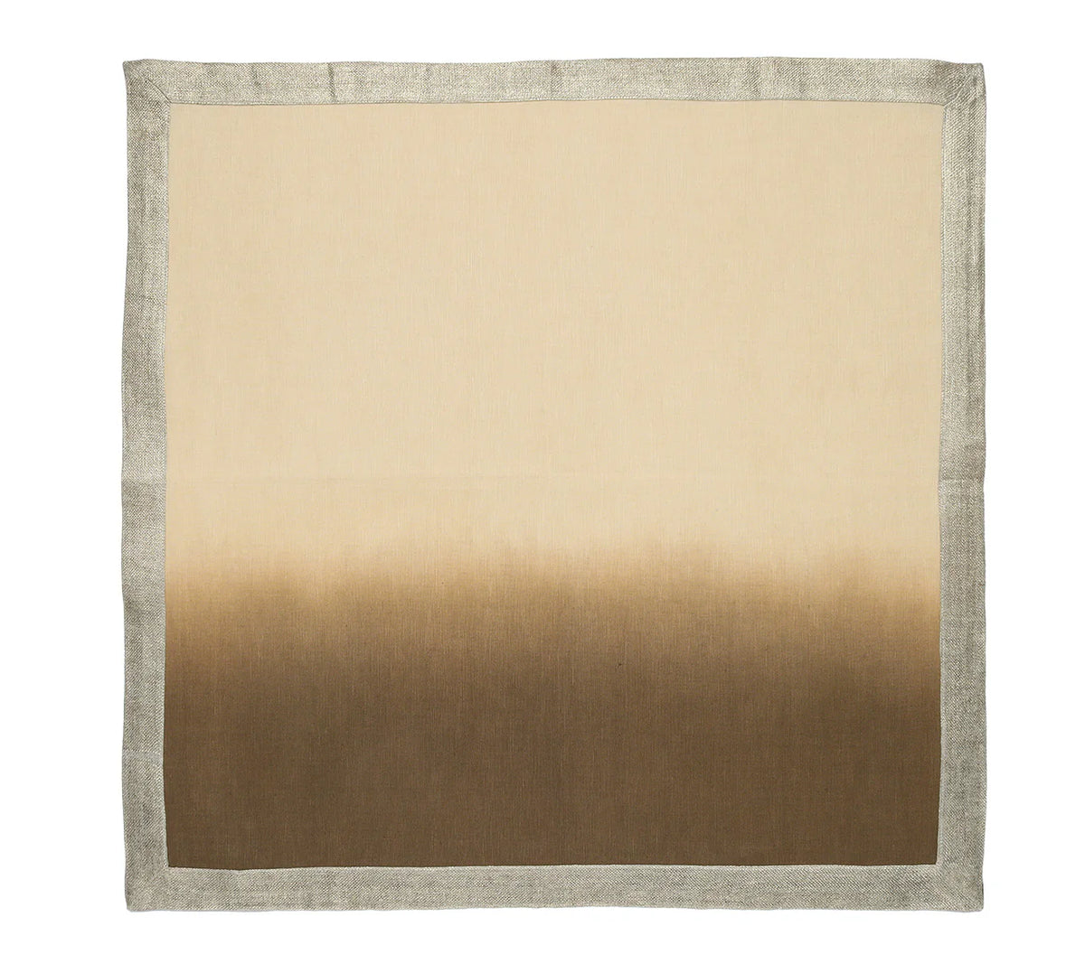 The Kim Seybert Dip Dye Napkins - Earthtones (Set of 4) feature a square design with a beige top that fades into dark brown, finished with a light gray border.