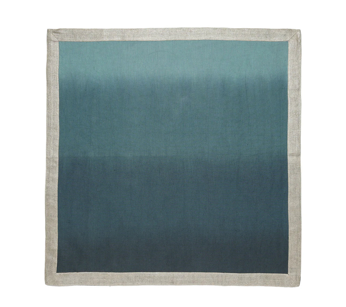 The Kim Seybert Dip Dye Napkins - Cool Tones - Set of 4 features a metallic foil border and gradient blue-to-teal design for an elegant table accent.