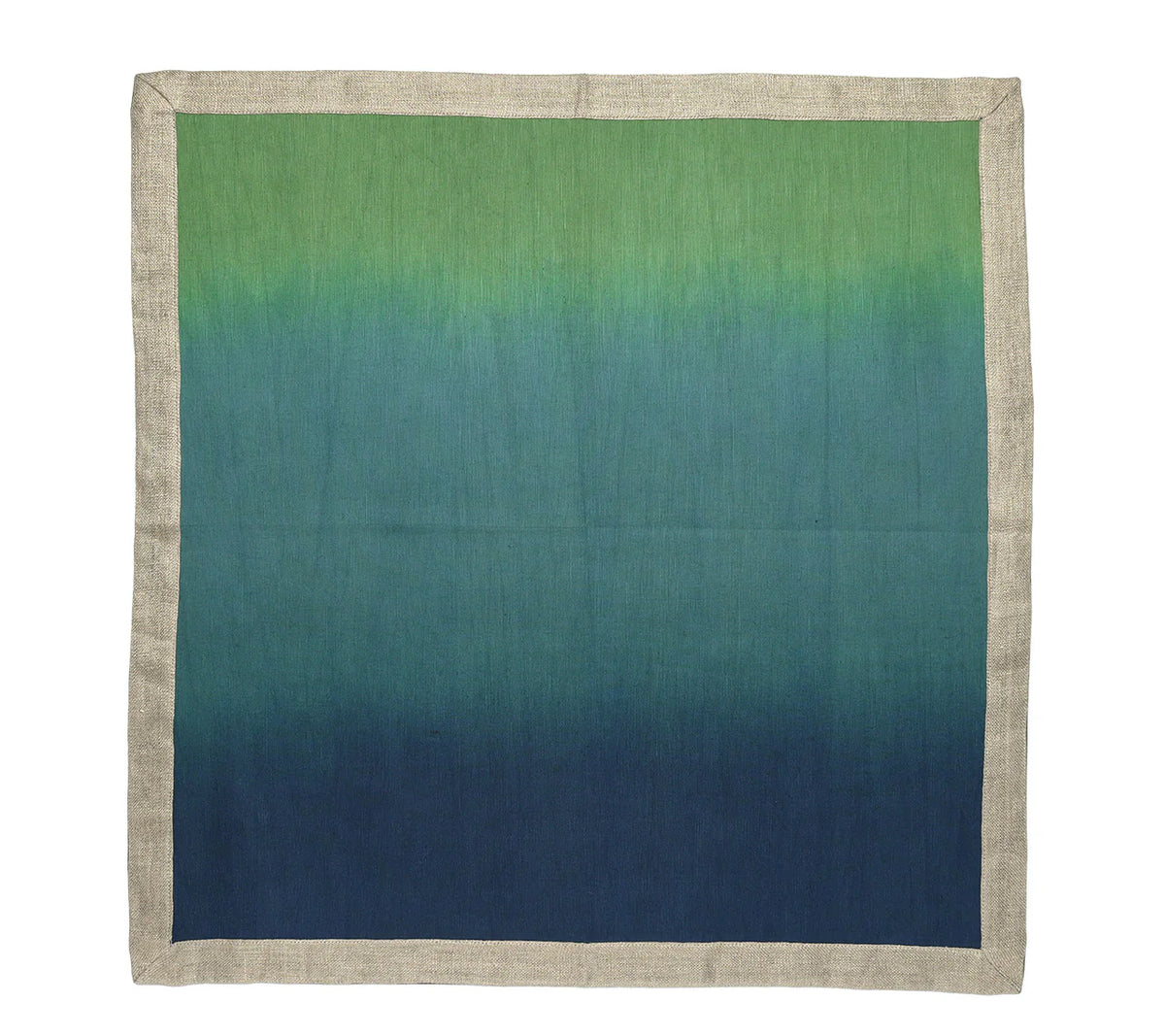 The Kim Seybert Dip Dye Napkins - Cool Tones (Set of 4) feature square linen with a beige border and a stylish gradient that transitions from green to blue to dark blue, creating a chic dip dye effect.