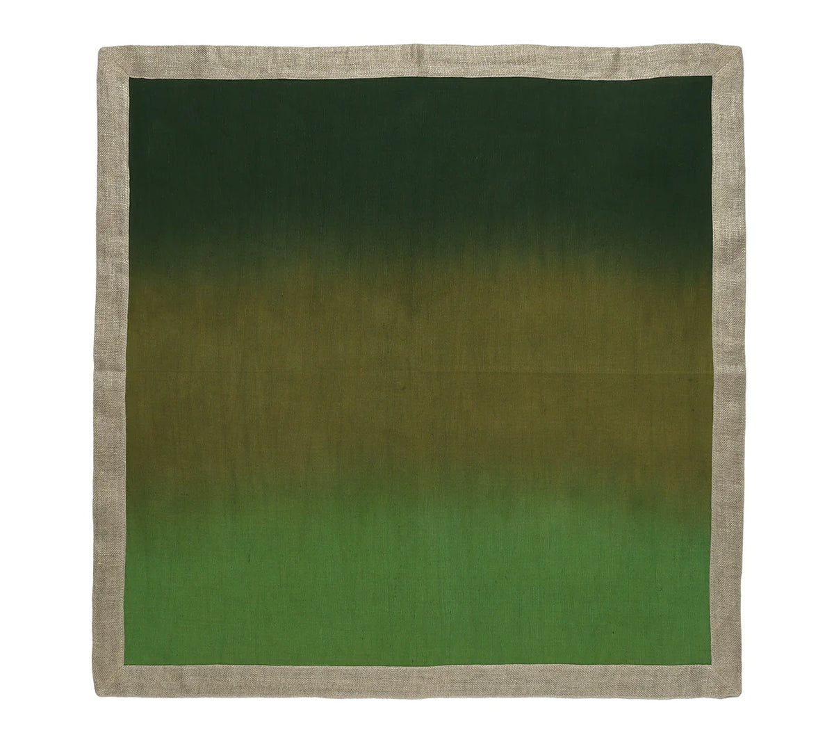 Kim Seybert’s Dip Dye Napkins - Cool Tones - Set of 4 feature a dark-to-light green gradient with beige borders and a linen-like texture, perfect for elevating your table setting or pairing with your favorite linen napkins.