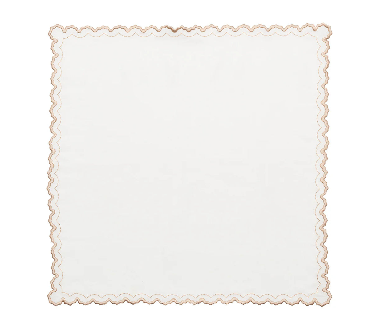 The Arches Napkin Set of 4 by Kim Seybert features white linen napkins with light brown embroidered, wavy scalloped borders, shown against a plain background.