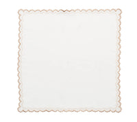 The Arches Napkin Set of 4 by Kim Seybert features white linen napkins with light brown embroidered, wavy scalloped borders, shown against a plain background.