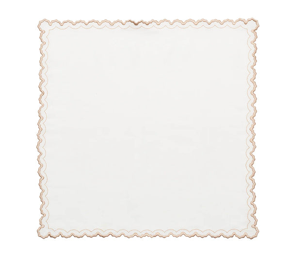 The Arches Napkin Set of 4 by Kim Seybert features white linen napkins with light brown embroidered, wavy scalloped borders, shown against a plain background.