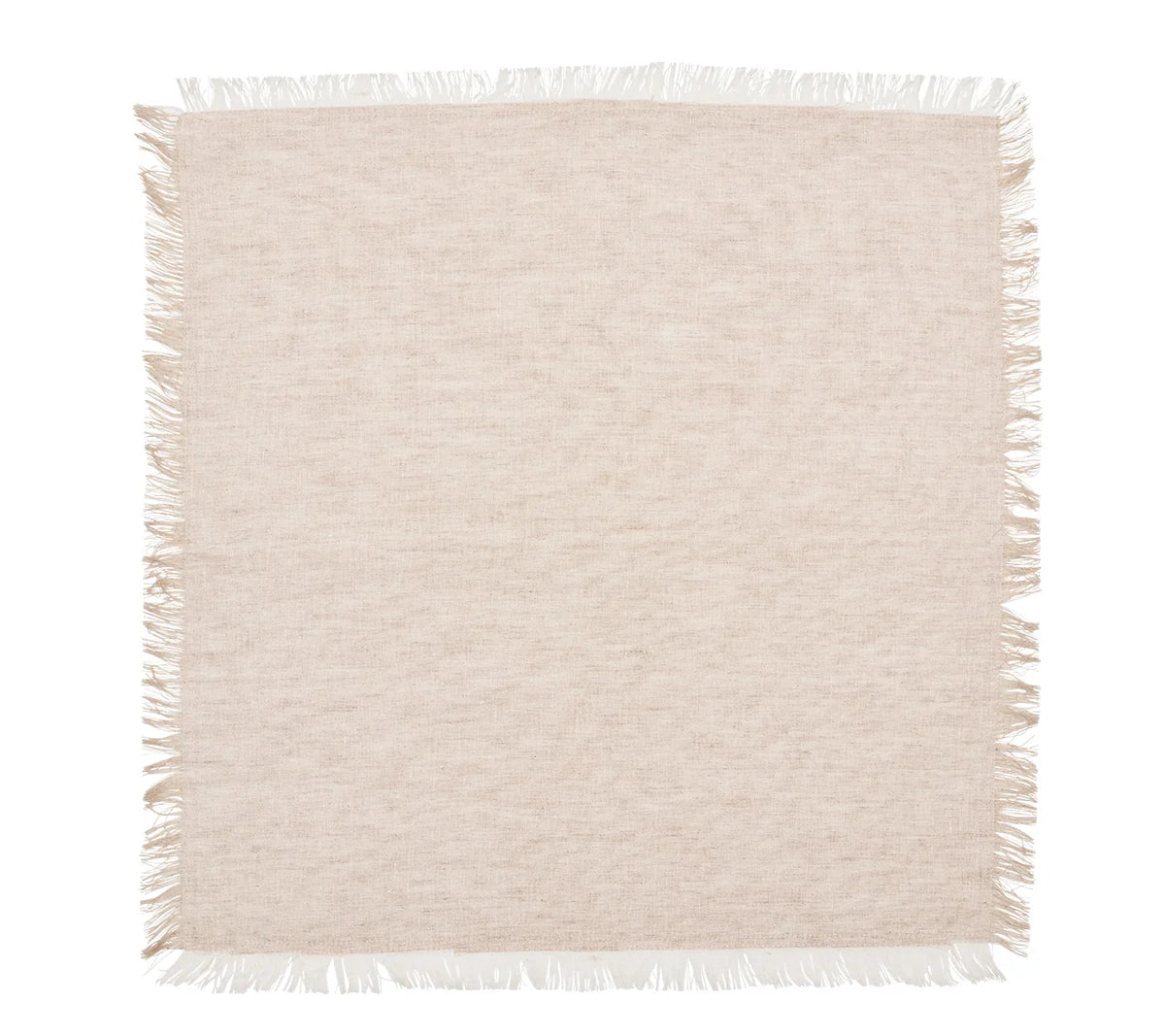 A set of four rectangular beige napkins with fringed edges on all sides, crafted by Kim Seybert, featuring a charming texture inspired by blue chambray linen—perfect for complementing farmhouse table decor.