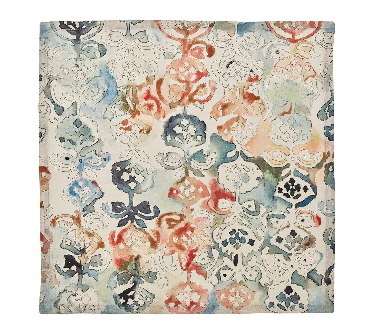 The Giverny Napkin Set of 4 by Kim Seybert features square linen napkins with an abstract floral pattern in watercolor-inspired orange, blue, green, and beige tones, lending a Monet-inspired artistic touch to your table.