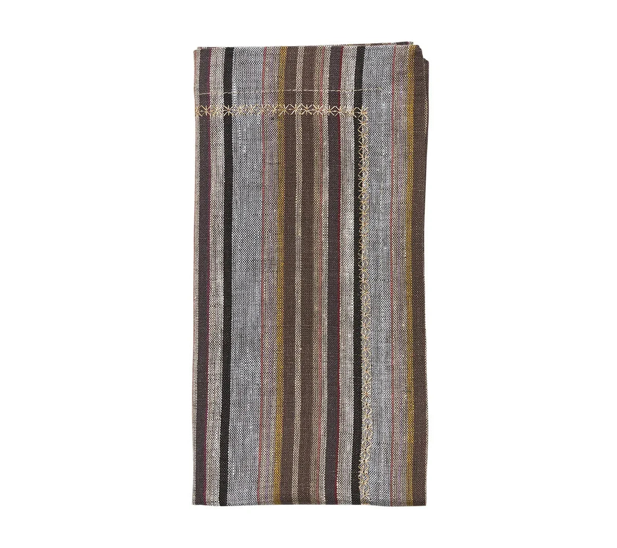 A folded Windsor Napkin from the Kim Seybert Set of 4 – Multi, showcasing vertical stripes in brown, gray, yellow, and burgundy with stitched edges. The versatile neutral palette complements modern napkin rings for a chic and stylish table setting.