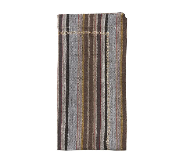 A folded Windsor Napkin from the Kim Seybert Set of 4 – Multi, showcasing vertical stripes in brown, gray, yellow, and burgundy with stitched edges. The versatile neutral palette complements modern napkin rings for a chic and stylish table setting.