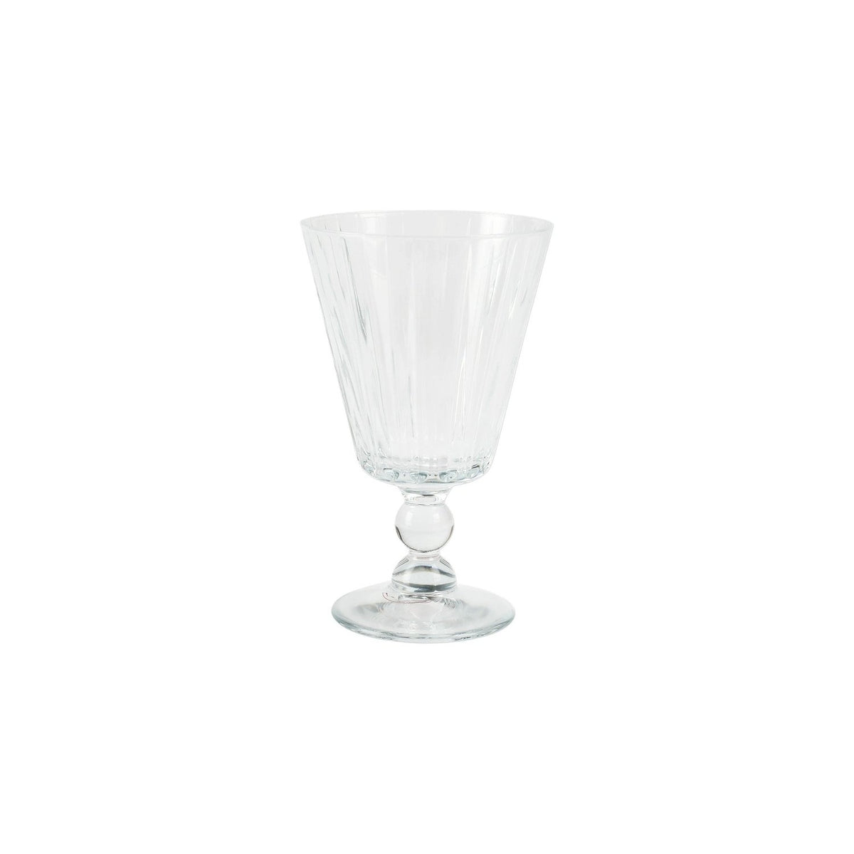 The Vietri Natalia Aperitivo Glass features a clear, faceted goblet with a flared bowl, short decorative stem, and round base, shown against a plain white background.
