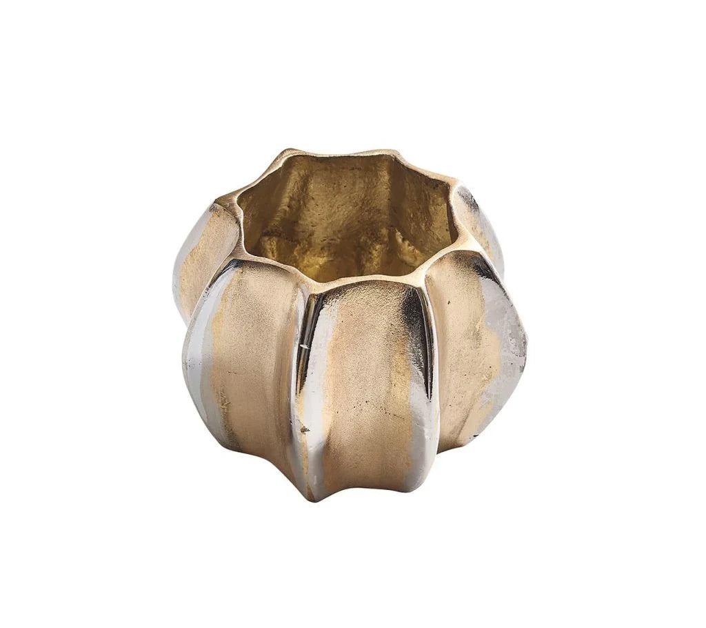 Inspired by Kim Seybert's Desert Napkin Ring Gold & Silver Set of 4, this vase features a unique textured gold and silver design with a top opening.