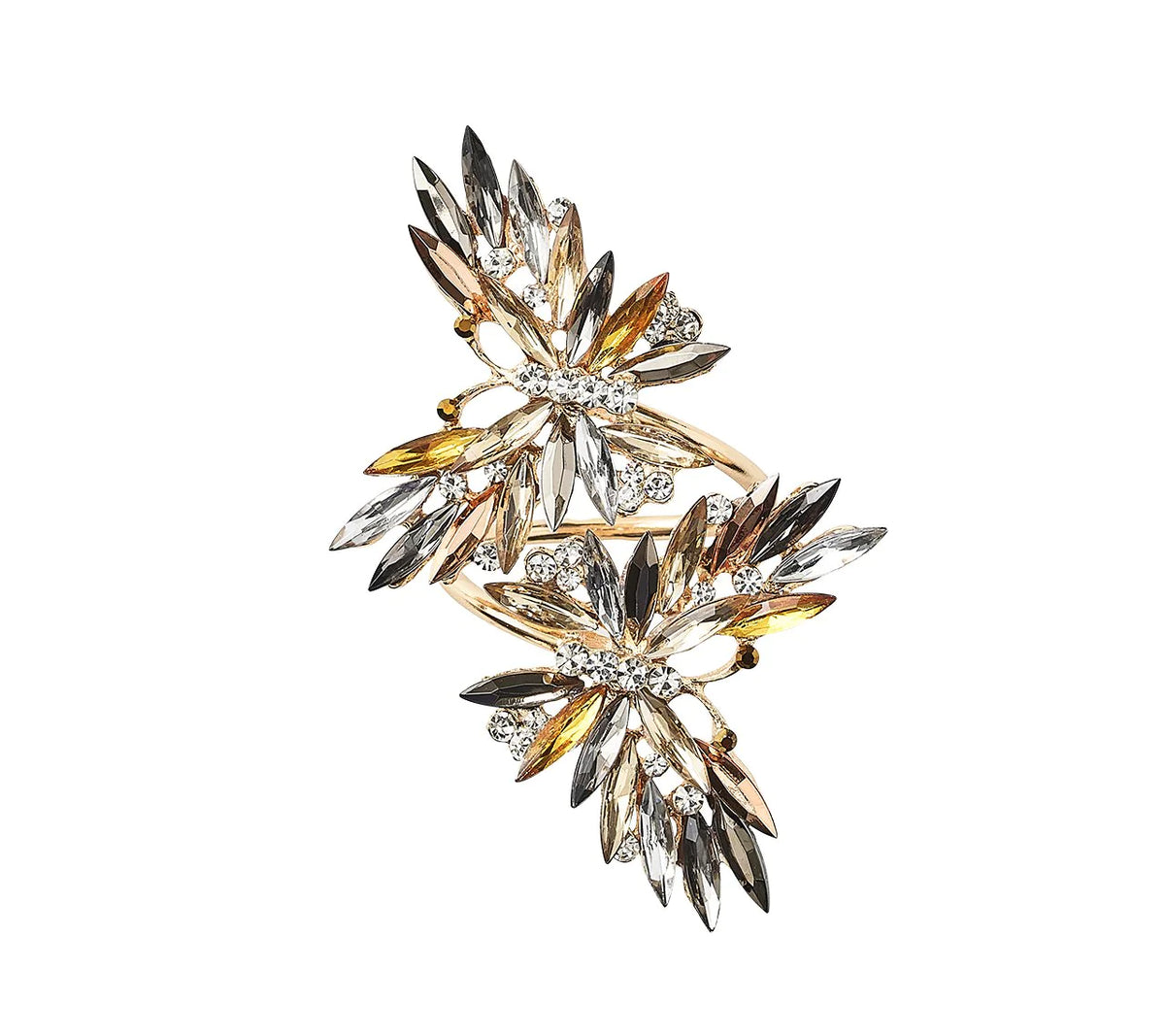 The Kim Seybert Butterflies Napkin Ring Set of 4 features overlapping butterfly designs with marquise-cut crystals in silver, gold, and bronze, accented by small round rhinestones for extra sparkle.