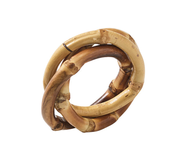 The Bamboo Trinity Napkin Ring Set of 4 by Kim Seybert features two interlocking, natural-finish bamboo rings—perfect for elevating stylish tablescapes and adding sustainable charm to any dining decor.