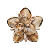 The Kim Seybert Beachcomber Napkin Ring Set of 4 features flower-shaped ornaments crafted from brown and cream seashells with gold edges, exuding coastal elegance and perfect for a decorative table setting.