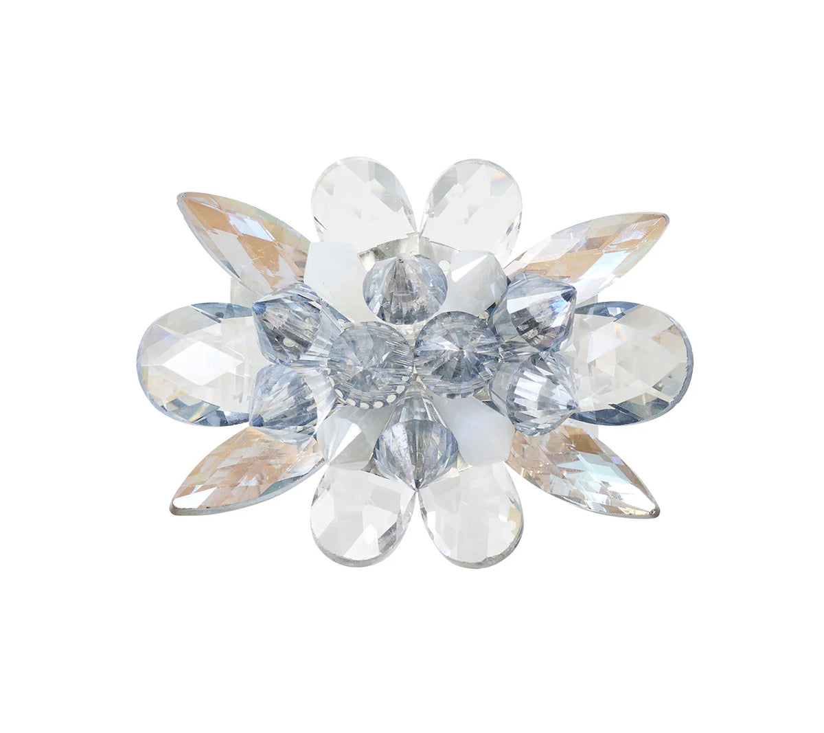 The Kim Seybert Spectra Napkin Ring Set of 4 in Glacier Blue features faceted clear and light blue gemstones arranged as petals with a clustered center—an elegant accent for your table décor or a unique crystal napkin ring.