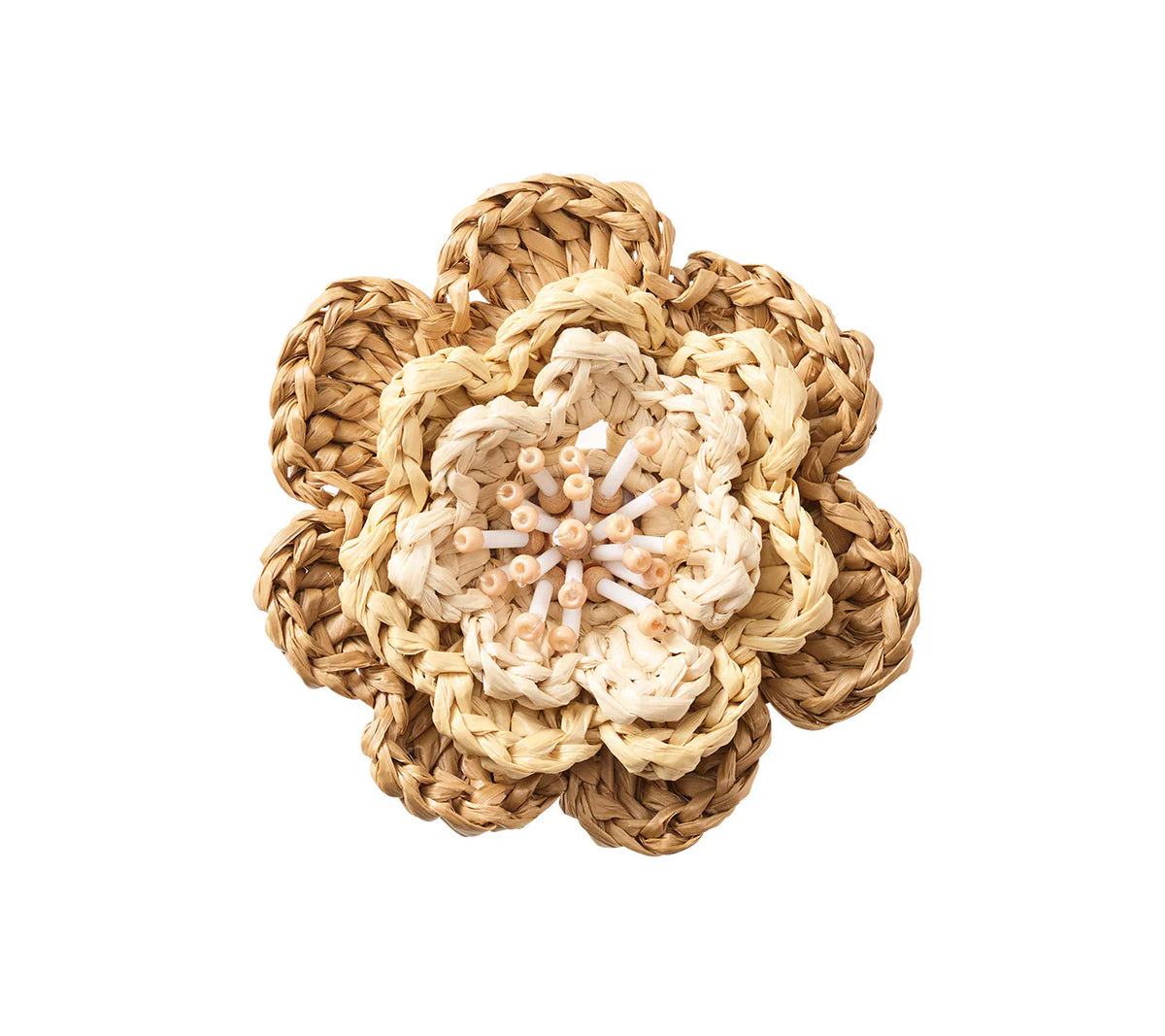 The Pareo Napkin Ring Set of 4 by Kim Seybert features hand-crocheted raffia-style flowers in natural and brown tones, with beaded centers, adding texture and charm to any table setting.