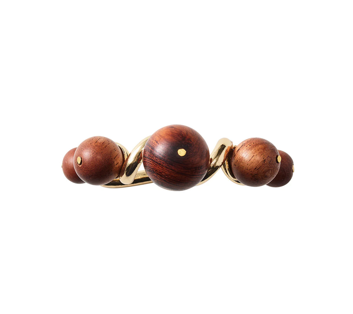 The Bois Napkin Ring Set of 4 by Kim Seybert features polished brown wooden spheres accented with small gold dots, arranged in a wave pattern for an elegant, hand-crafted look.