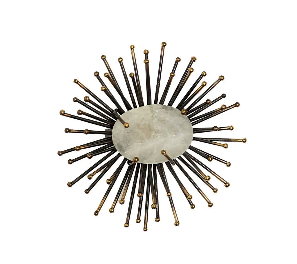 Inspired by the Kim Seybert Flare Napkin Ring Black & Gold Set of 4, this wall sculpture features a central oval stone with radiating black rods tipped in gold, echoing its dramatic sunburst design.