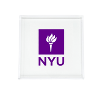 The Eye Candy College Acrylic Catchall Tray is a clear square tray with a centered purple NYU torch logo above bold NYU letters on white—a perfect dorm room accessory for any college collection.