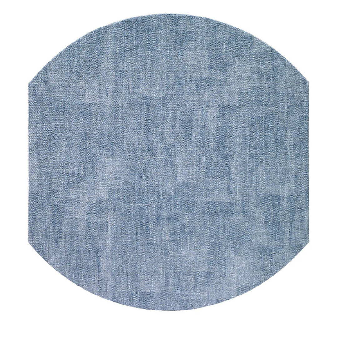 The Bodrum New Luster Elliptic Placemat Set of 4 features round, light blue mats with a subtle textured pattern and two straight edges, crafted for durability and shown on a white background.