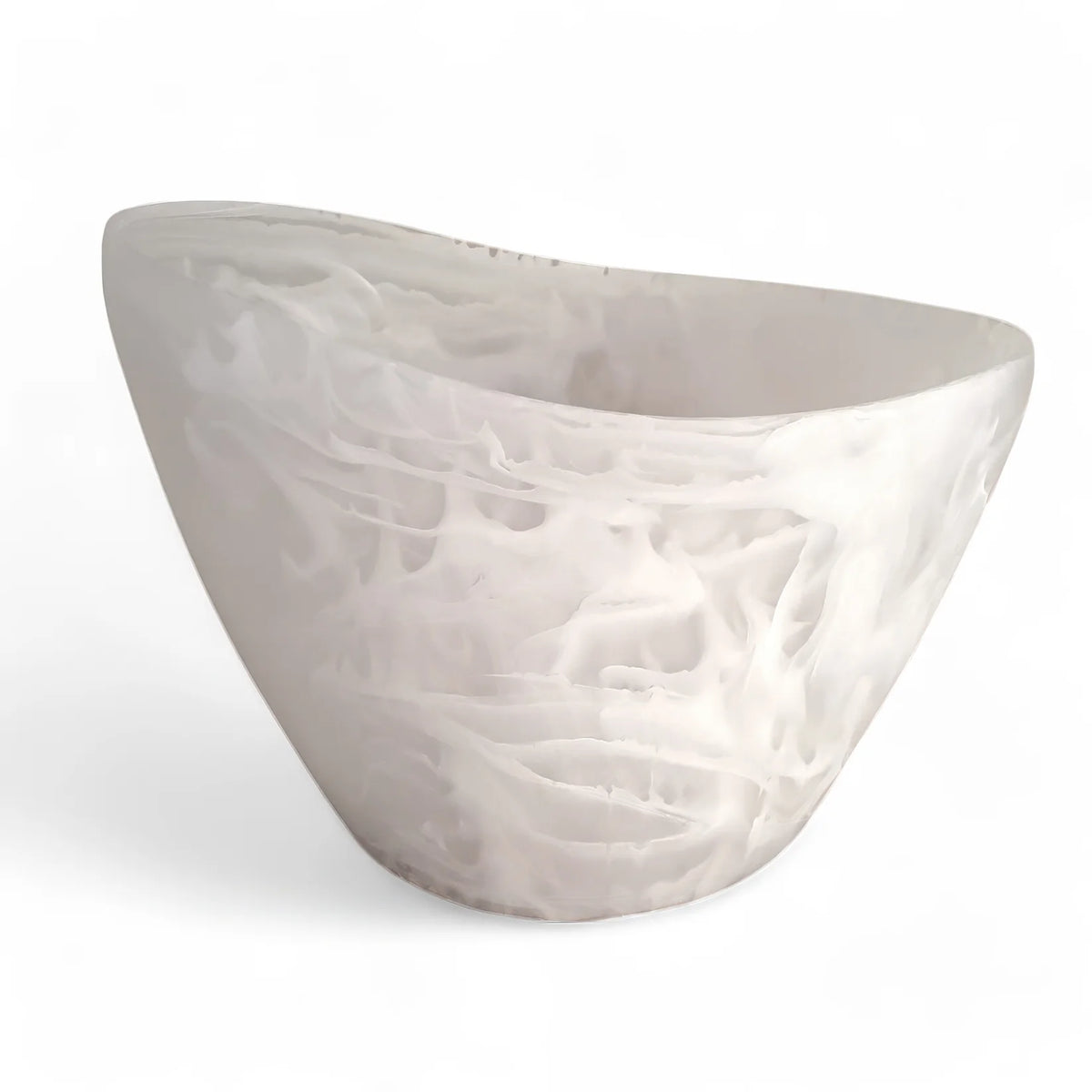 The Nashi Home Oceania Ice Bucket & Chiller Vessel - White Swirl is a shatter-resistant, white resin bucket with a swirling organic pattern and tapered shape, perfect for stylish chilling.