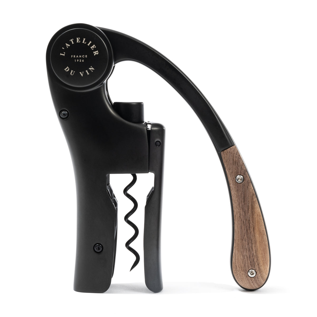 L’ Atelier du Vin Lever Wine Opener - Black with a metal corkscrew and a wooden handle grip, a luxury wine gift.