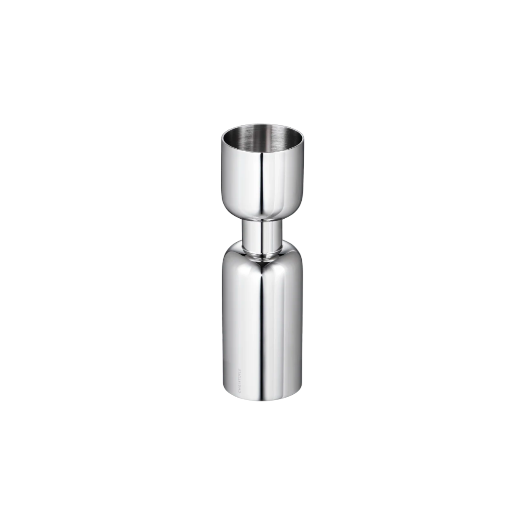 The Christofle Oh De Stainless Steel Jigger features a modern, minimalist design with two stacked cylindrical sections for precise liquid measurement—perfect for any bar setup.