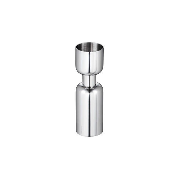 The Christofle Oh De Stainless Steel Jigger features a modern, minimalist design with two stacked cylindrical sections for precise liquid measurement—perfect for any bar setup.