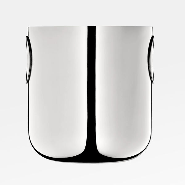 The Christofle Oh De Stainless Steel Champagne Bucket features a polished, reflective finish, rounded edges, and two subtle side handles—an iconic barware essential—shown against a plain white background.