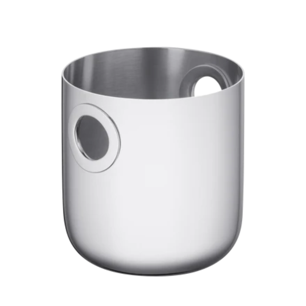 The Christofle Oh De Stainless Steel Champagne Bucket features a sleek silver finish with two large circular cut-outs near the rim, making it an essential barware piece for stylish entertaining.
