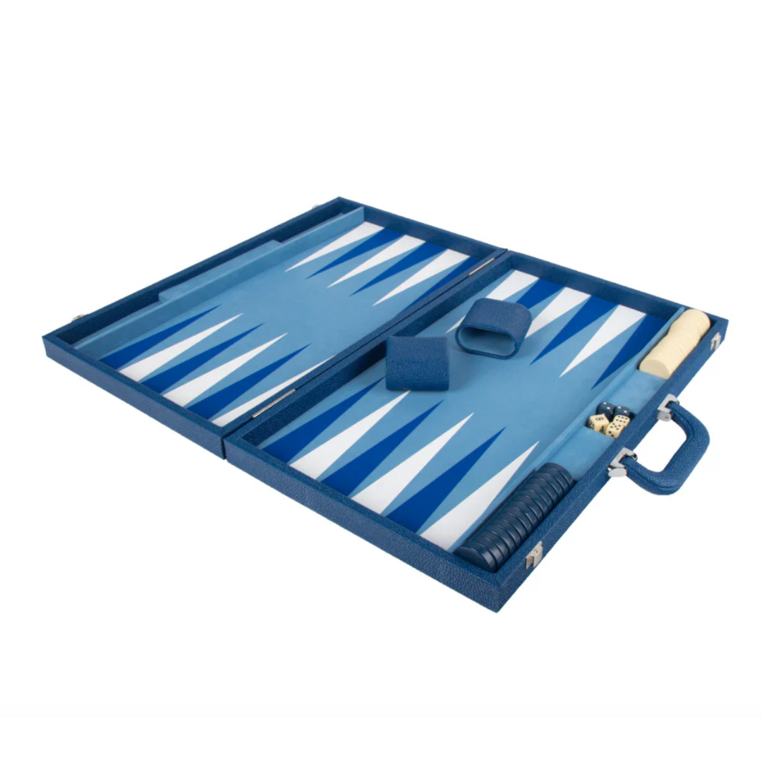 Onyx Pebble Blue Backgammon Set with an open blue exterior and light blue and white interior triangles, including dice, checkers, shaker cups, and an easy-to-clean indoor-outdoor surface.