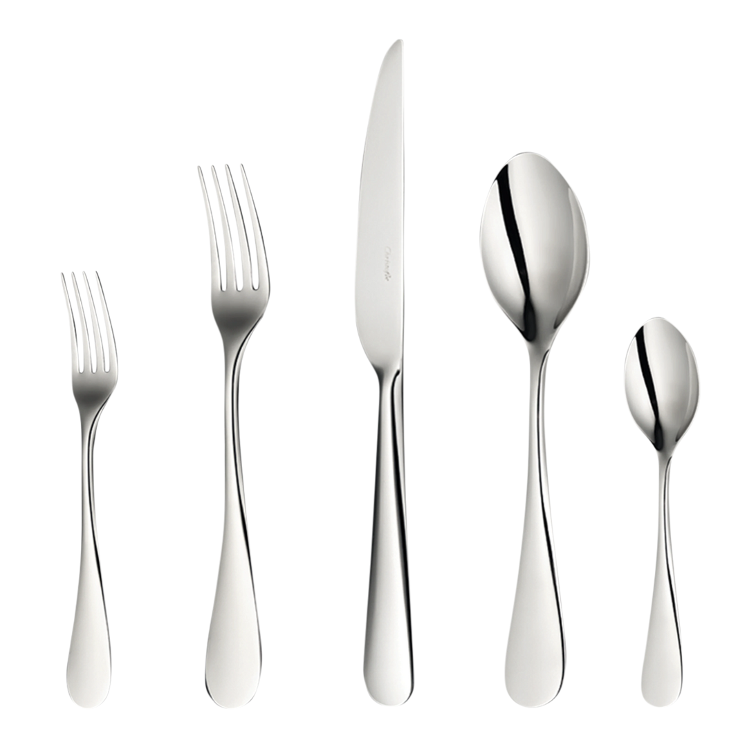 The Christofle Origine Flatware 5 Piece Setting in stainless steel includes a salad fork, dinner fork, dinner knife, soup spoon, and teaspoon, all displayed side by side on a white background.